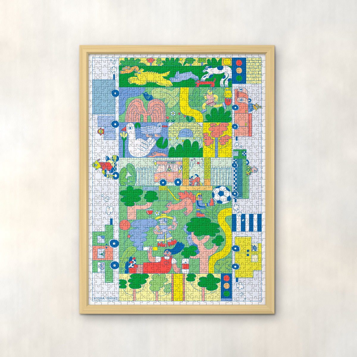 RYE by Aysha Tengiz – 1000-piece jigsaw puzzle in a natural wood frame on the wall