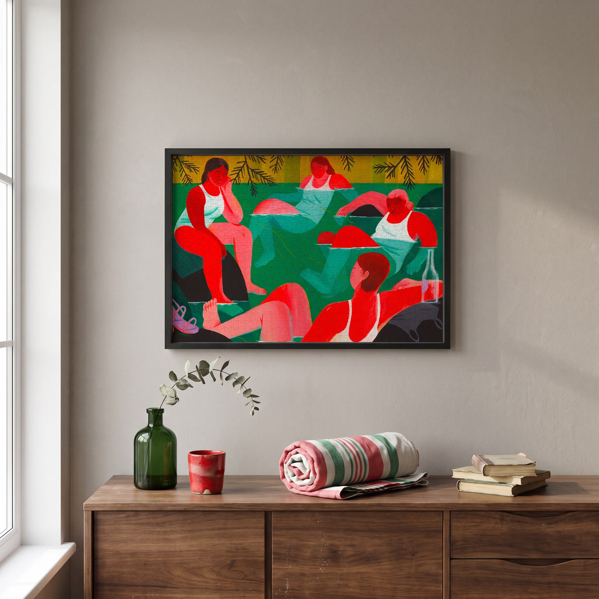 THE LAKE by Celia Jacobs – framed jigsaw puzzle styled on the wall