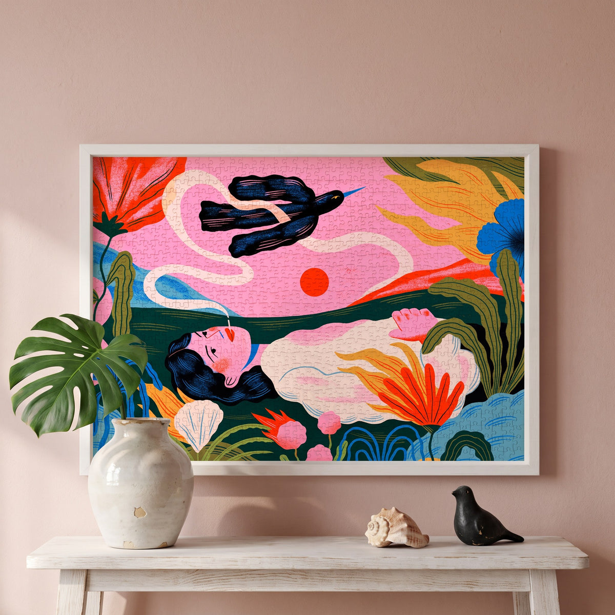 BURNING by Clara Super Duper – framed jigsaw puzzle styled on the wall