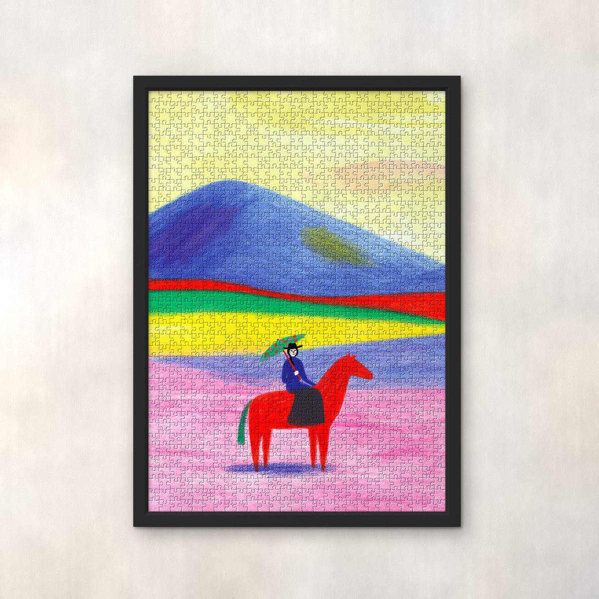 CHEVAL ROUGE by Anne Laval – 1000-piece jigsaw puzzle in a black frame on the wall