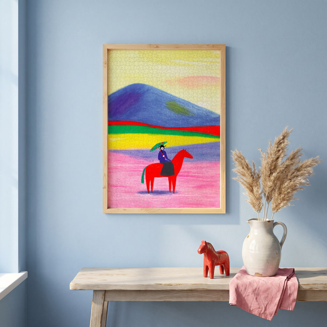 CHEVAL ROUGE by Anne Laval – framed jigsaw puzzle styled on the wall