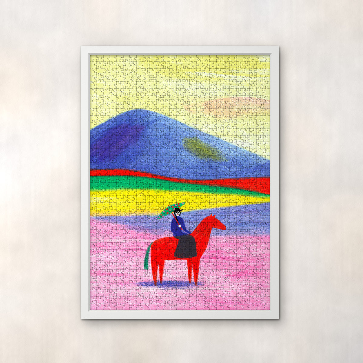 CHEVAL ROUGE by Anne Laval – 1000-piece jigsaw puzzle in a white frame on the wall