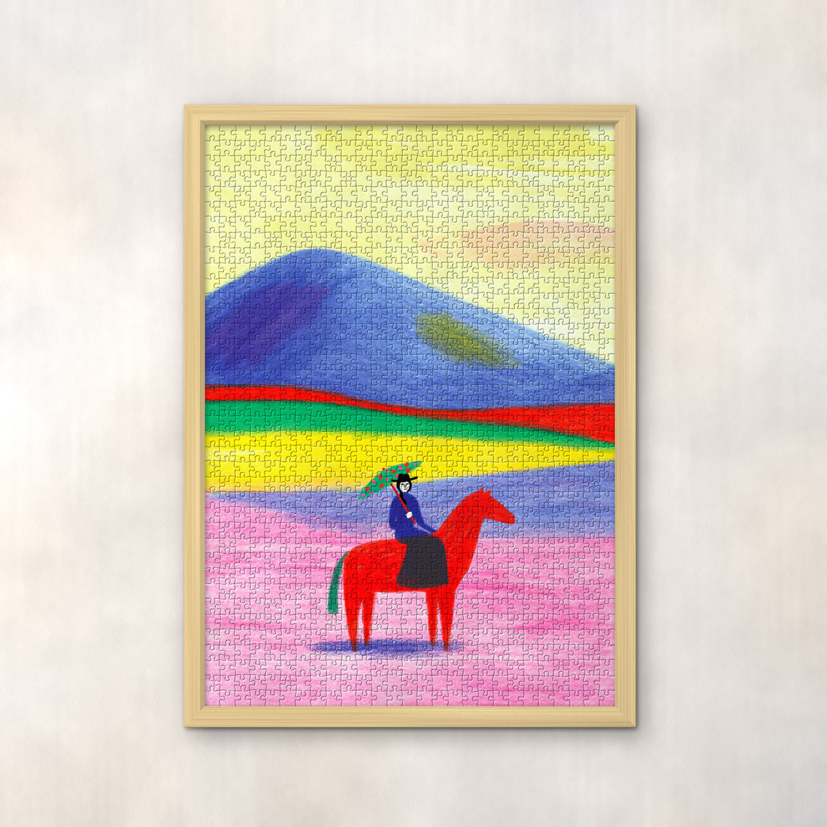 CHEVAL ROUGE by Anne Laval – 1000-piece jigsaw puzzle in a natural wood frame on the wall