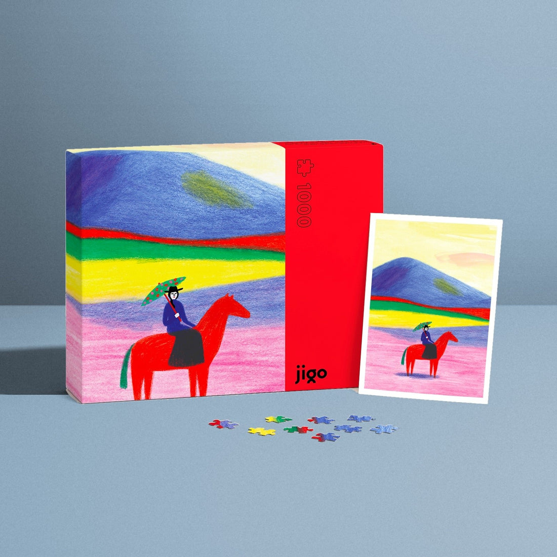 CHEVAL ROUGE by Anne Laval – 1000-piece jigsaw puzzle box, art poster and puzzle pieces