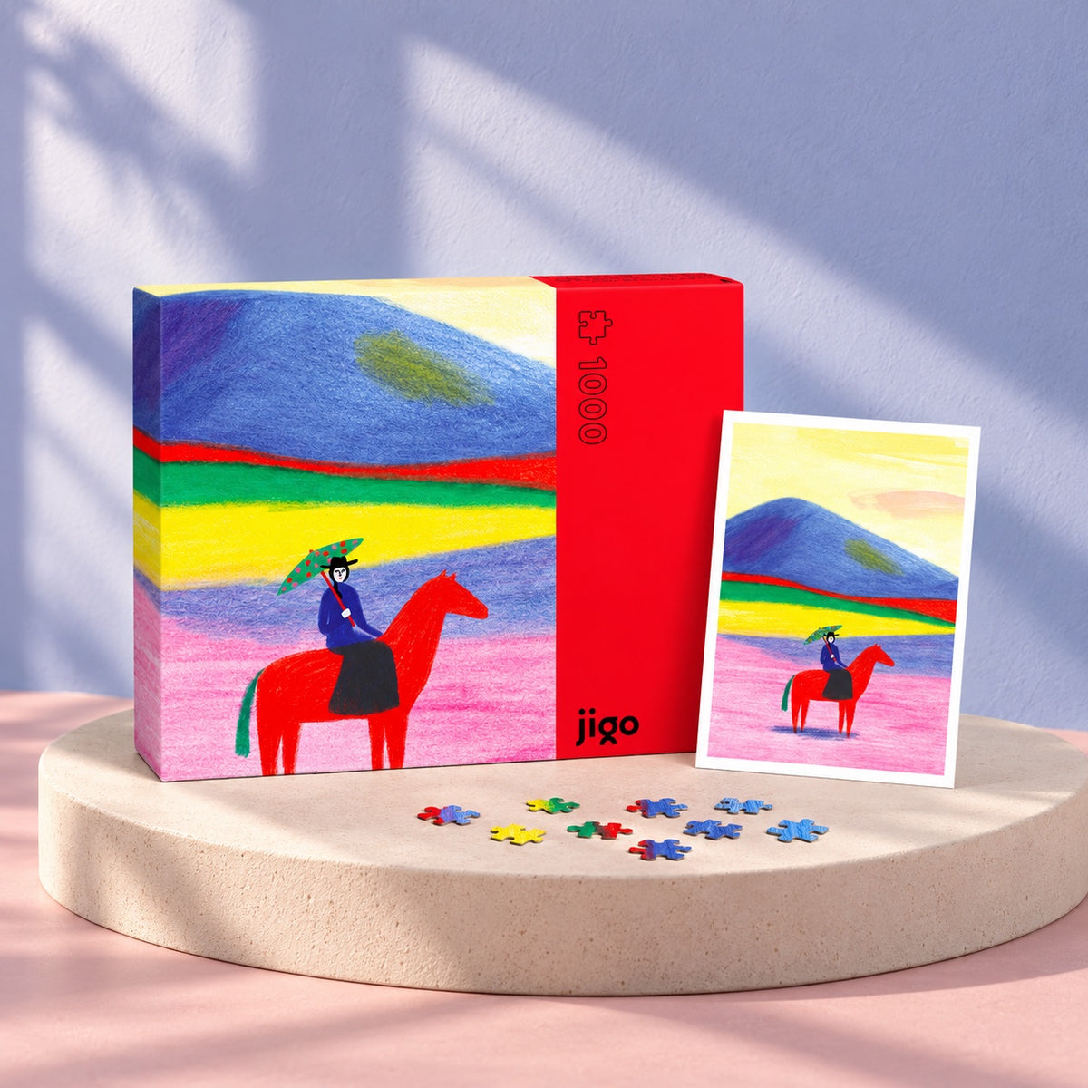 CHEVAL ROUGE by Anne Laval – 1000-piece jigsaw puzzle box, art poster and puzzle pieces