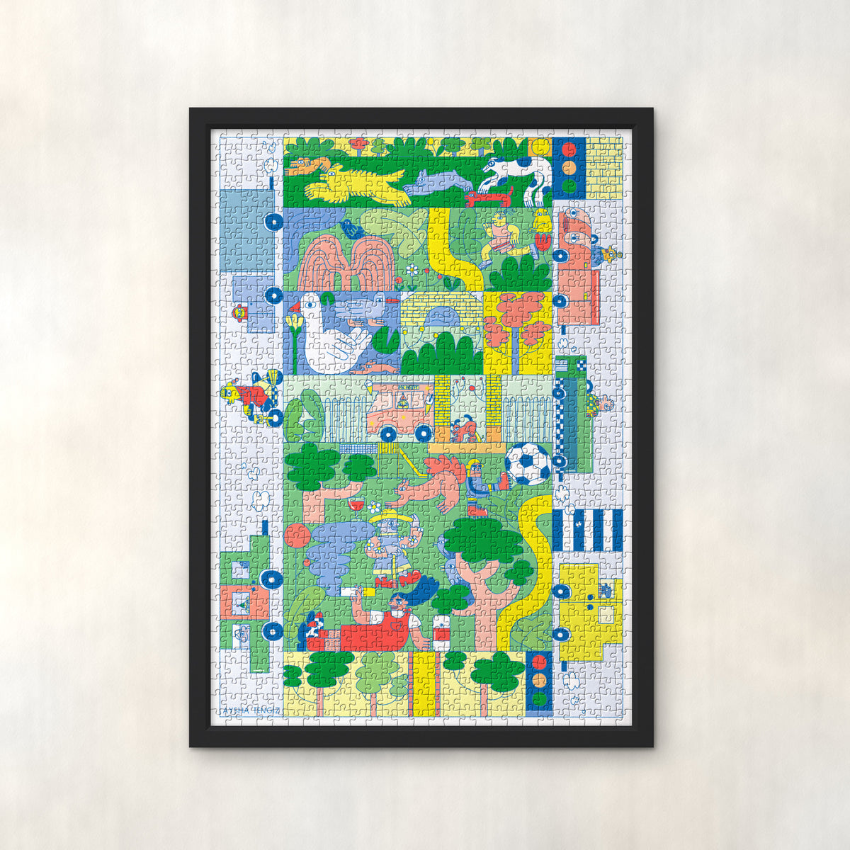 RYE by Aysha Tengiz – 1000-piece jigsaw puzzle in a black frame on the wall