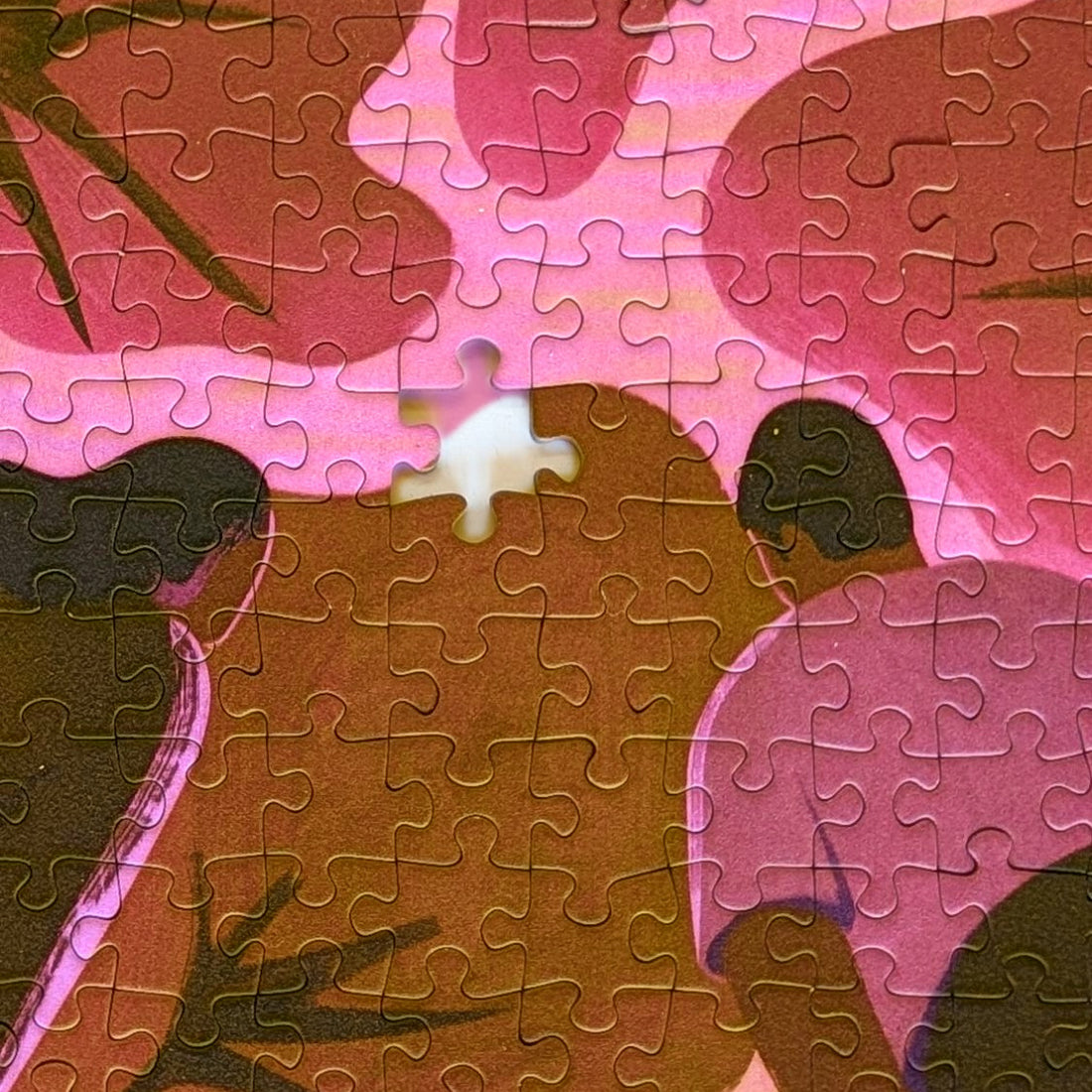 THE WOODS by Holly Stapleton – close-up of the assembled jigsaw puzzle with one missing piece