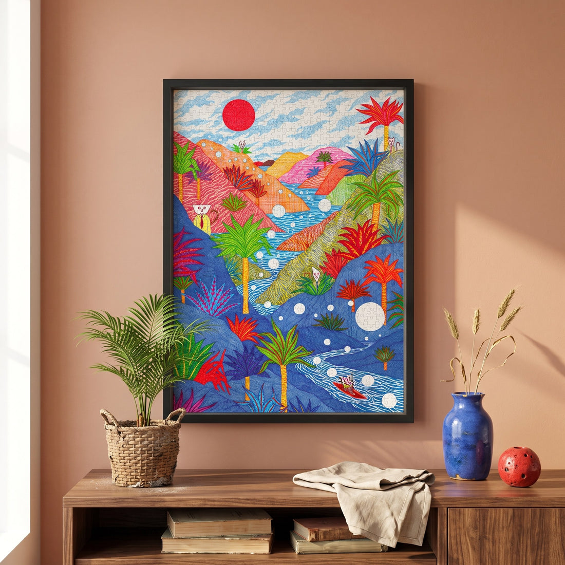 DANCING DOTS IN THE DARK by Kevin Lucbert – framed jigsaw puzzle styled on the wall