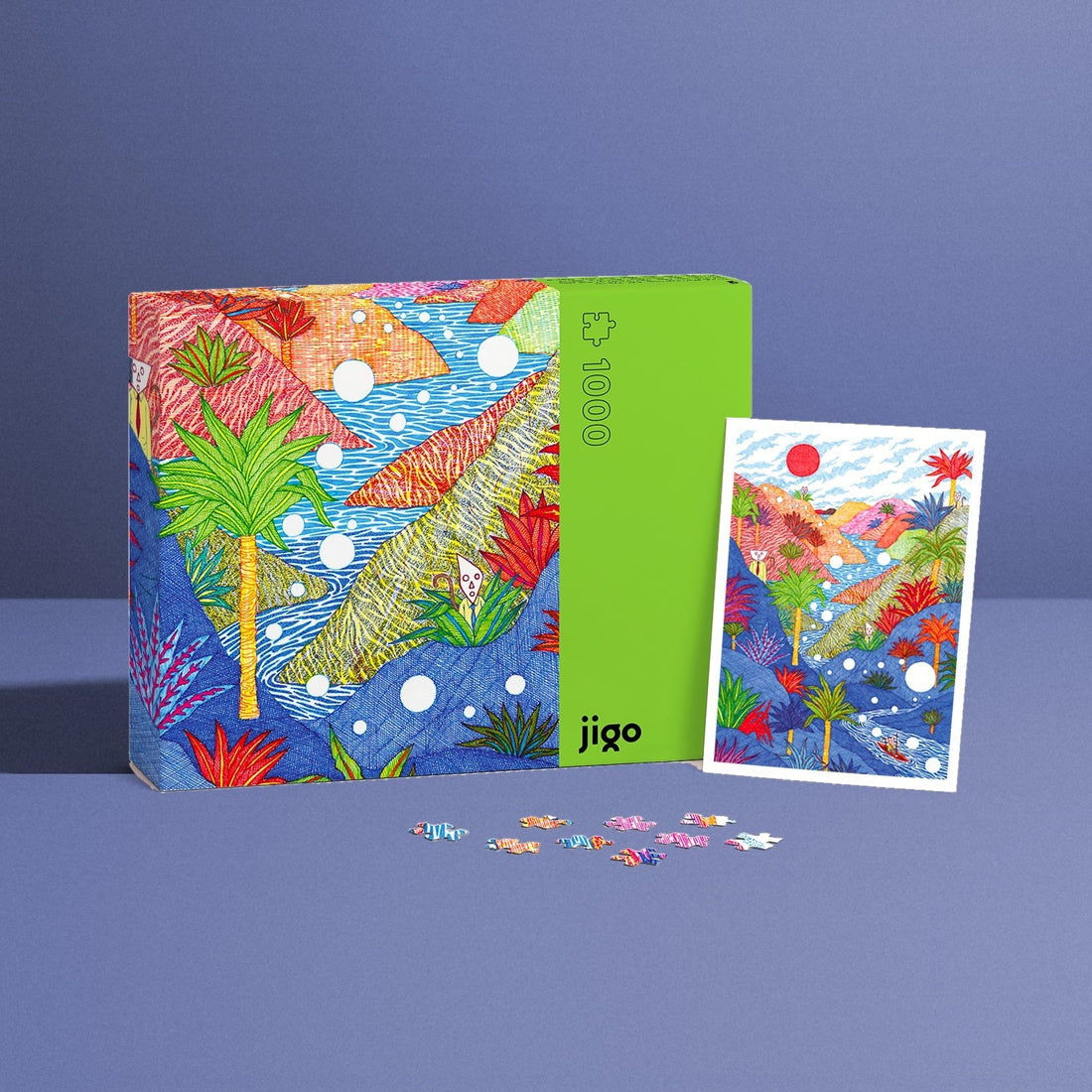 DANCING DOTS IN THE DARK by Kevin Lucbert – 1000-piece jigsaw puzzle box, art poster and puzzle pieces