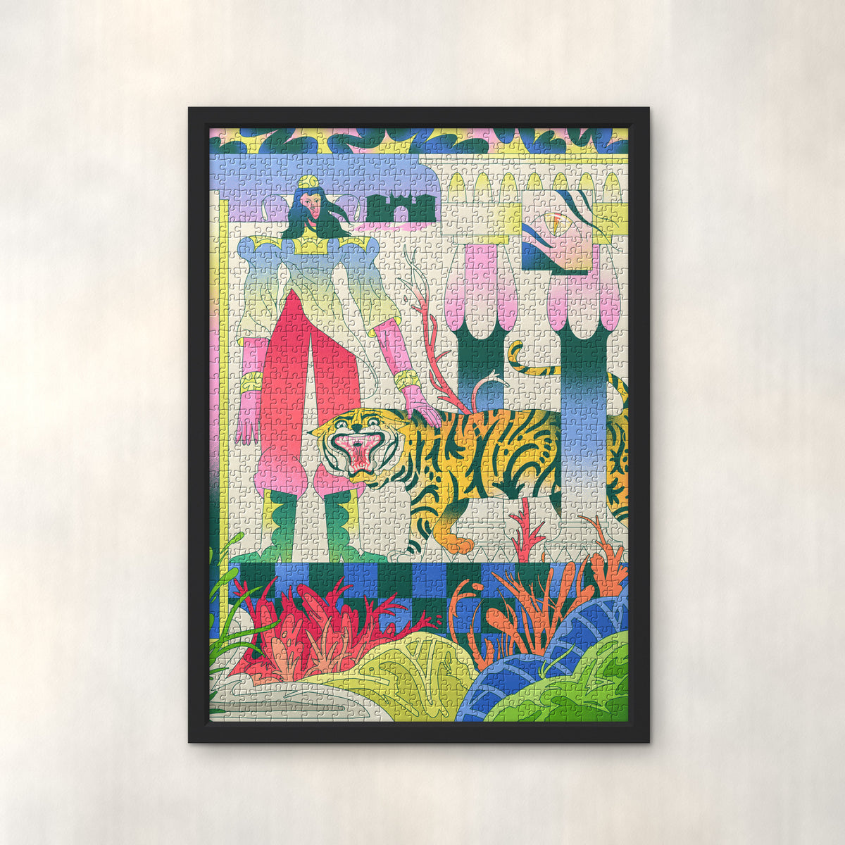 TIGRESA by Nahuel Bardi – 1000-piece jigsaw puzzle in a black frame on the wall