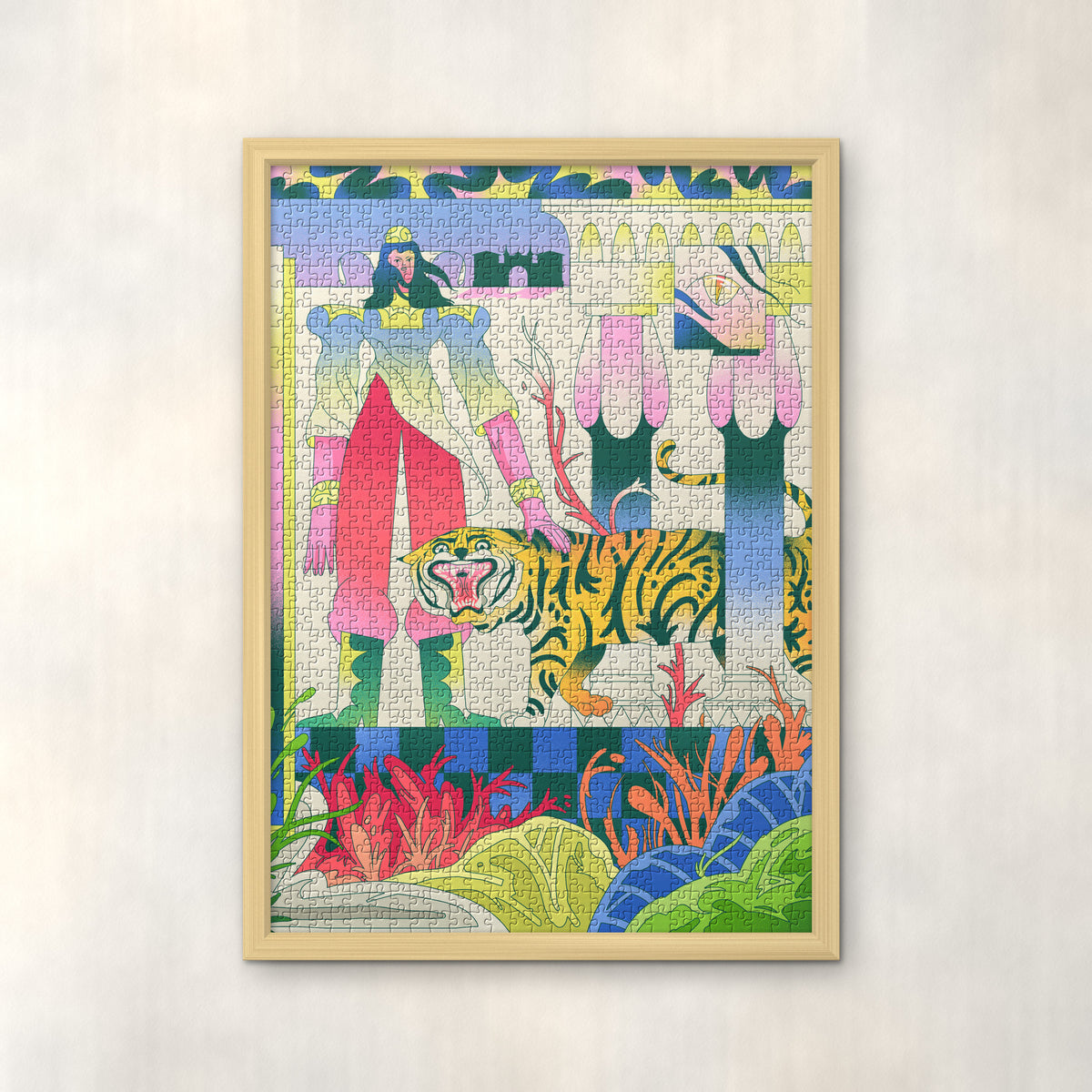 TIGRESA by Nahuel Bardi – 1000-piece jigsaw puzzle in a natural wood frame on the wall
